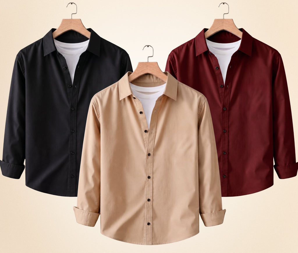 Blind Bear Men's Solid Full Sleeve Casual Shirts – Black, Sand Beige and Burgundy (Pack of 3)
