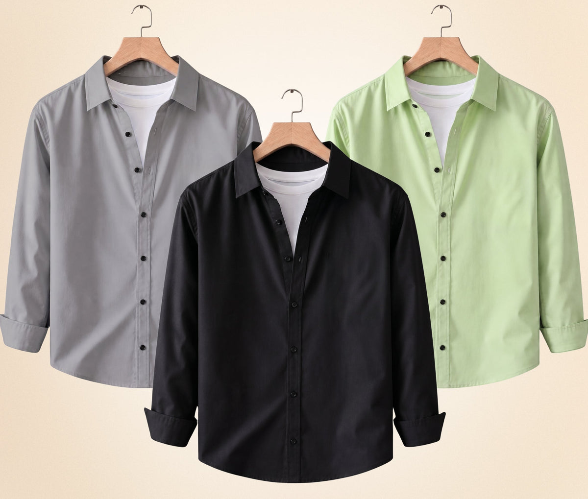 Blind Bear Men's Solid Full Sleeve Casual Shirts – Black, Grey and Pista (Pack of 3)