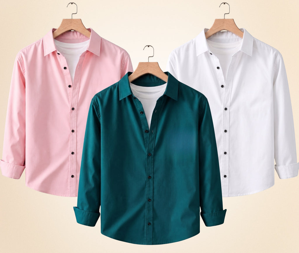 Blind Bear Men's Solid Full Sleeve Casual Shirts – Peach Pink, Teal Green and White (Pack of 3)