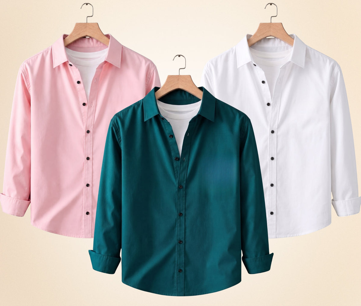 Blind Bear Men's Solid Full Sleeve Casual Shirts – Peach Pink, Teal Green and White (Pack of 3)