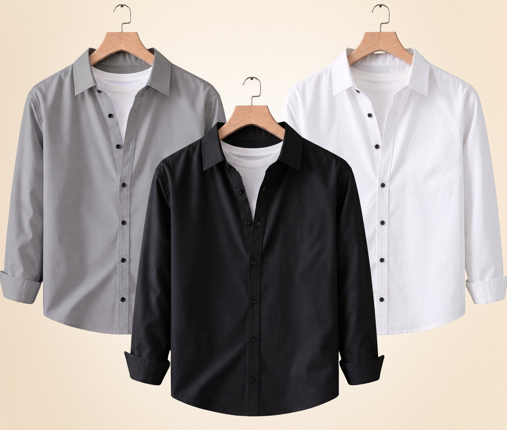 Blind Bear Men's Solid Full Sleeve Casual Shirts – Black, Grey and White (Pack of 3)