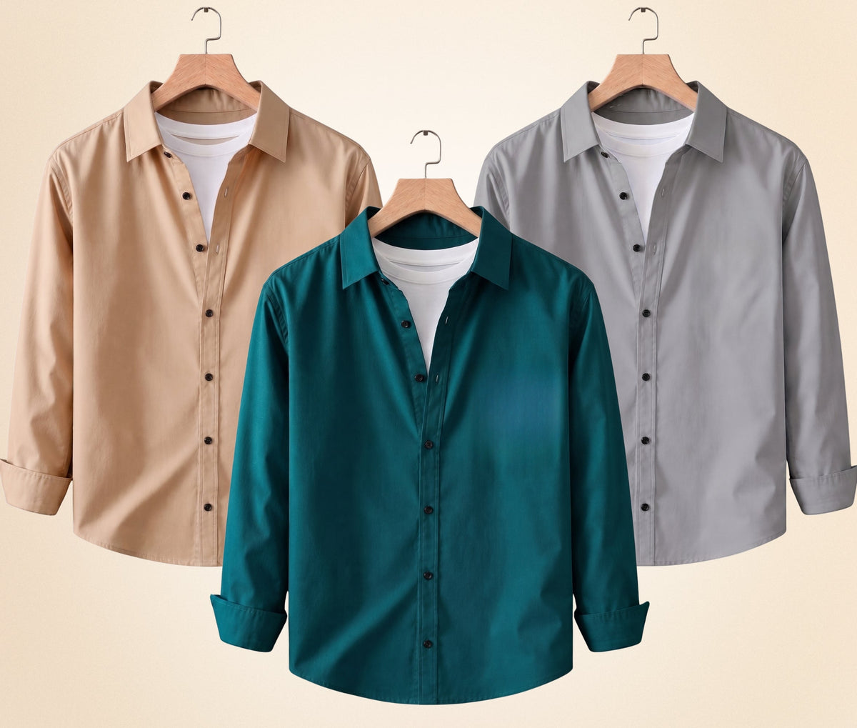 Blind Bear Men's Solid Full Sleeve Casual Shirts – Sand Beige, Grey and Teal Green (Pack of 3)