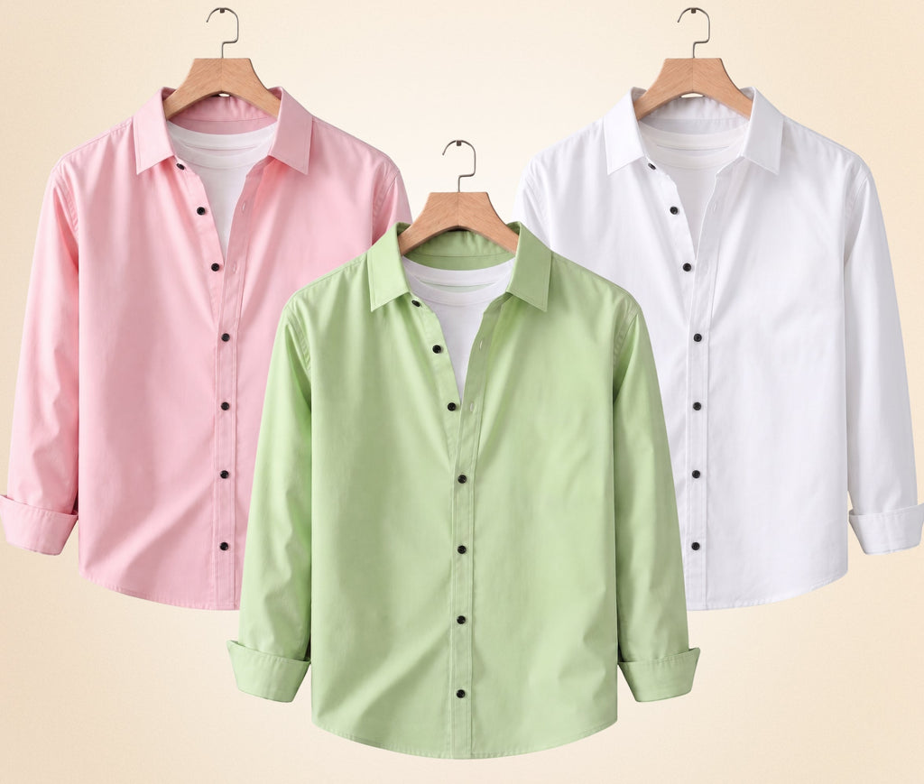 Blind Bear Men's Solid Full Sleeve Casual Shirts – Peach Pink, Pista and White (Pack of 3)