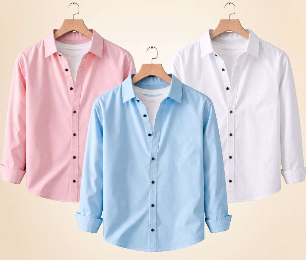 Blind Bear Men's Solid Full Sleeve Casual Shirts – Peach Pink, Sky Blue and White (Pack of 3)