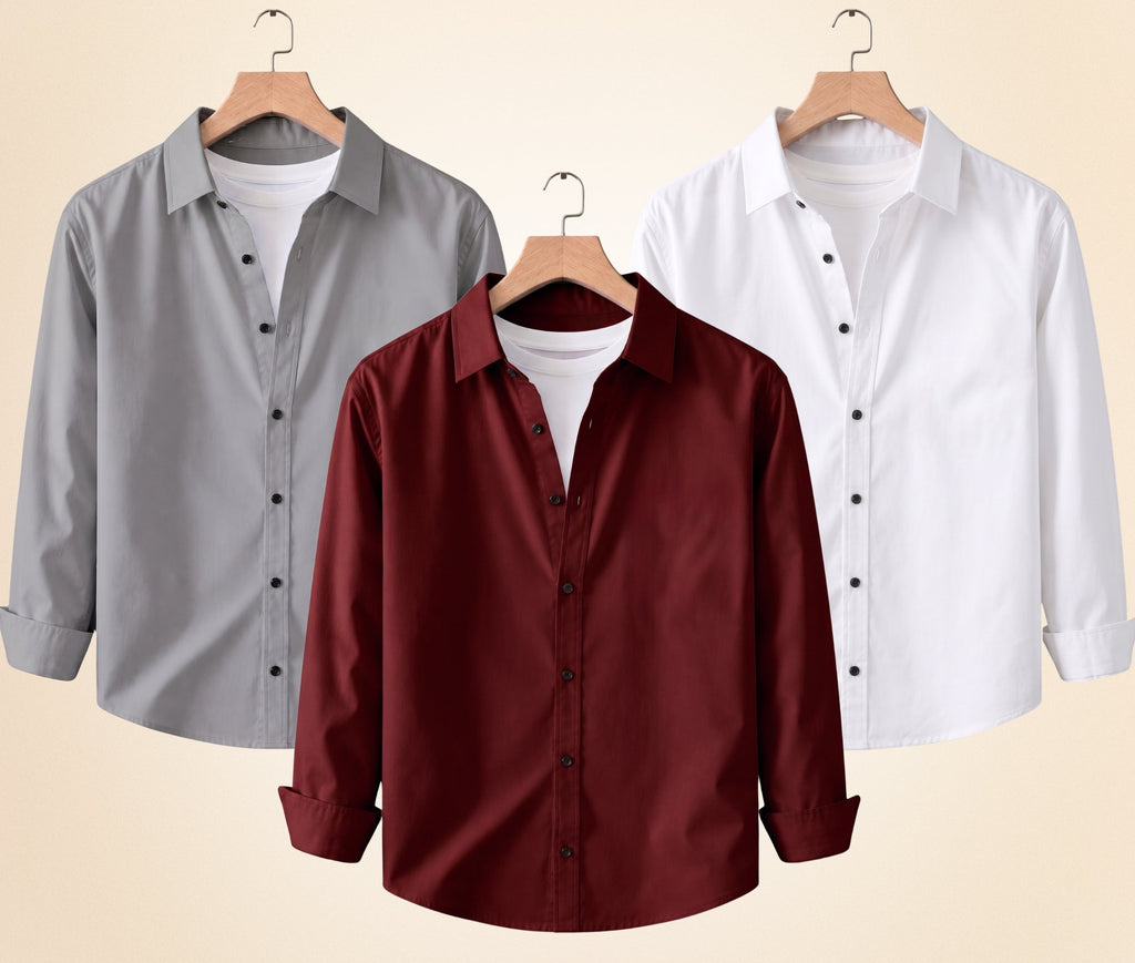 Blind Bear Men's Solid Full Sleeve Casual Shirts – Grey, Burgundy and White (Pack of 3)