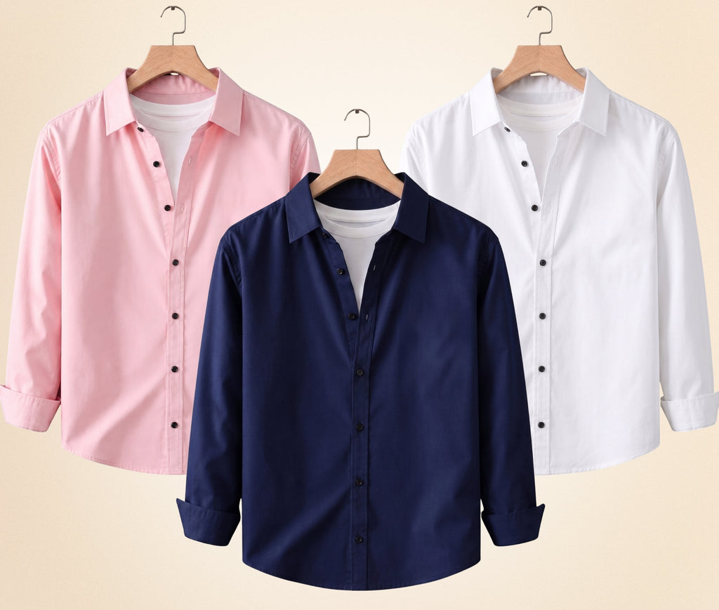 Blind Bear Men's Solid Full Sleeve Casual Shirts – Navy Blue, Peach Pink and White (Pack of 3)