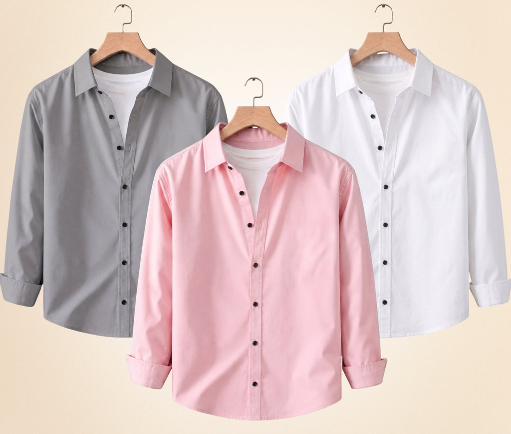 Blind Bear Men's Solid Full Sleeve Casual Shirts – Grey, Peach Pink and White (Pack of 3)