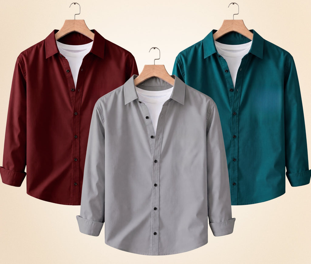Blind Bear Men's Solid Full Sleeve Casual Shirts – Grey, Burgundy and Teal Green (Pack of 3)