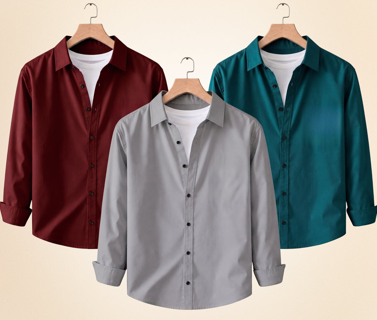Blind Bear Men's Solid Full Sleeve Casual Shirts – Grey, Burgundy and Teal Green (Pack of 3)