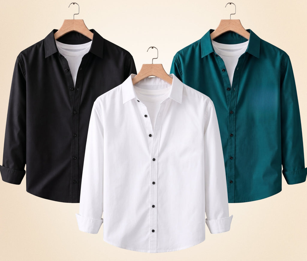 Blind Bear Men's Solid Full Sleeve Casual Shirts – Black, Teal Green and White (Pack of 3)