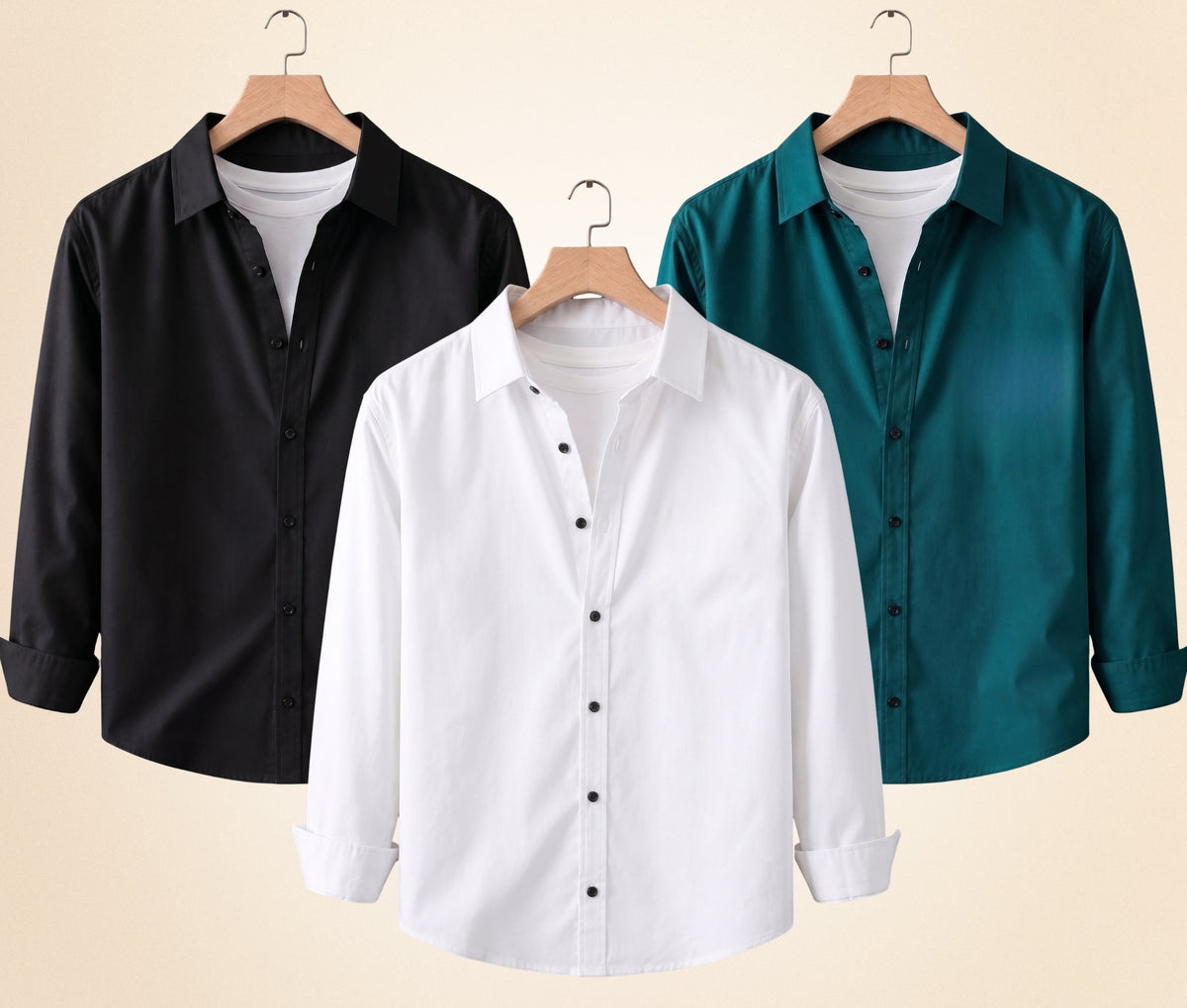 Blind Bear Men's Solid Full Sleeve Casual Shirts – Black, Teal Green and White (Pack of 3)