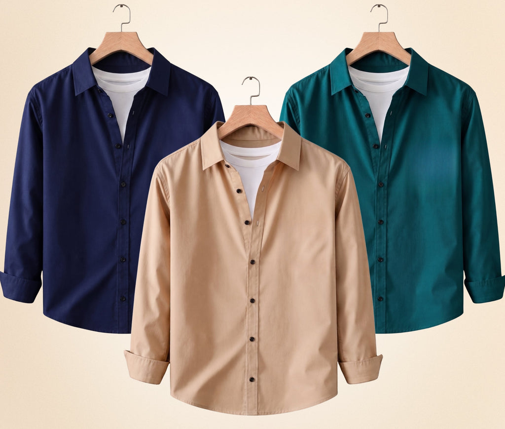 Blind Bear Men's Solid Full Sleeve Casual Shirts – Sand Beige, Navy Blue and Teal Green (Pack of 3)