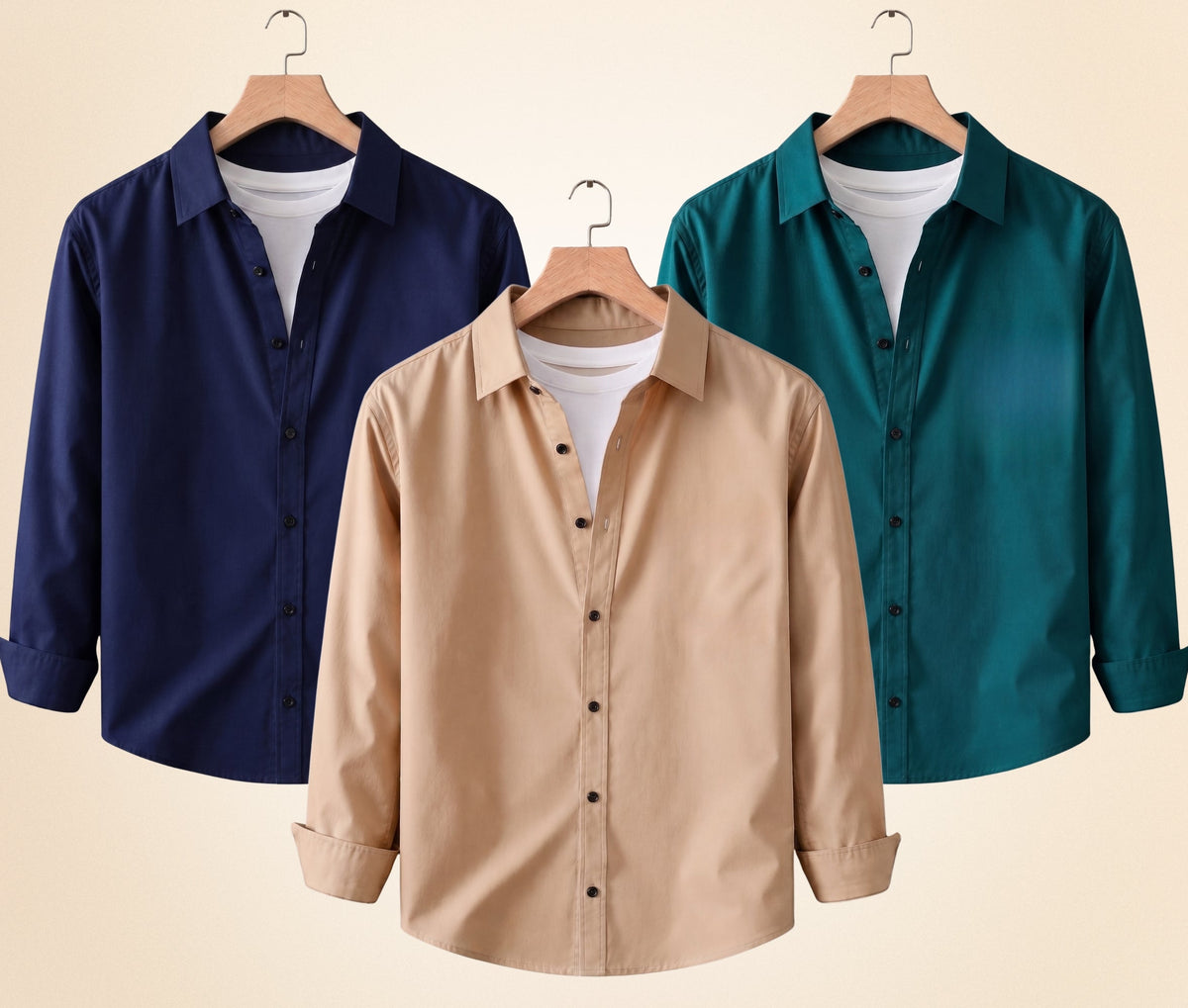 Blind Bear Men's Solid Full Sleeve Casual Shirts – Sand Beige, Navy Blue and Teal Green (Pack of 3)