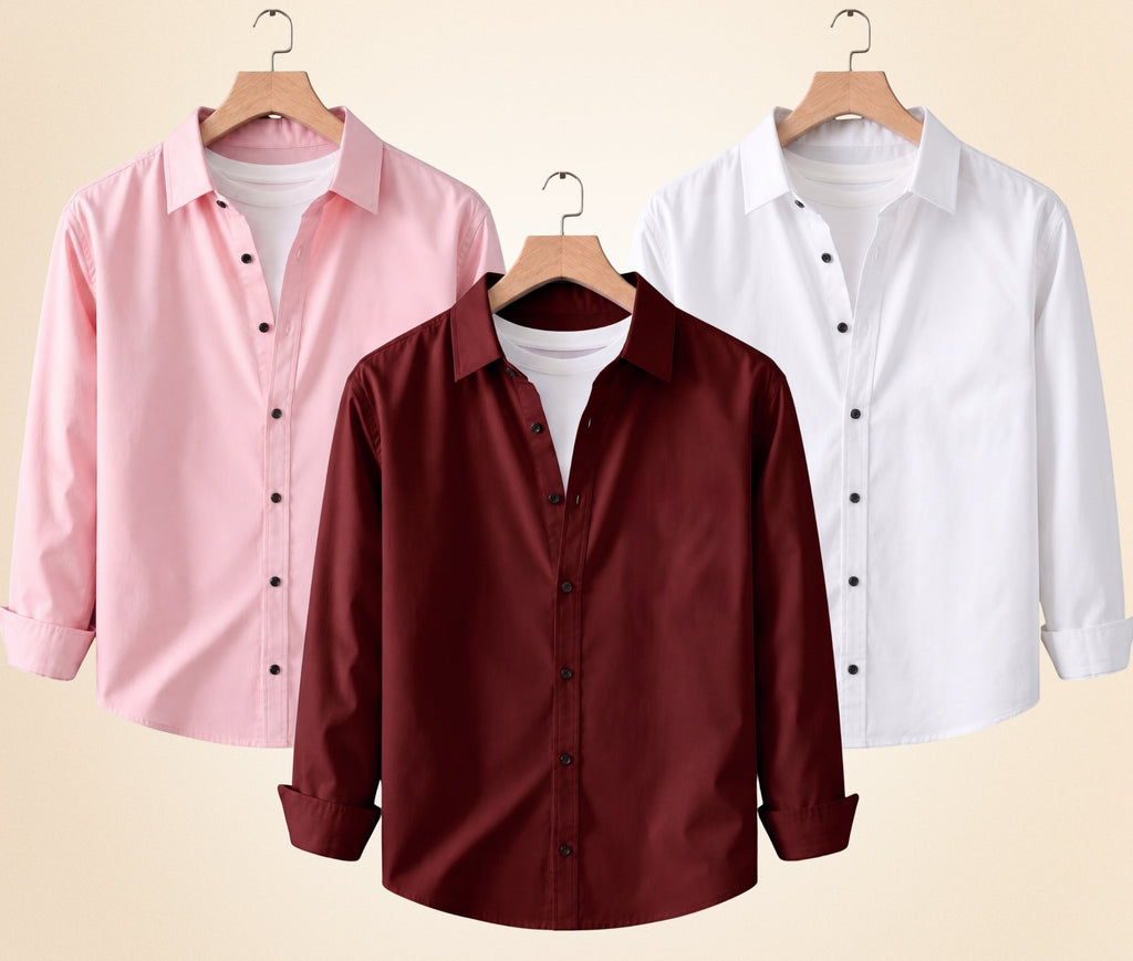 Blind Bear Men's Solid Full Sleeve Casual Shirts – Burgundy, Peach Pink and White (Pack of 3)