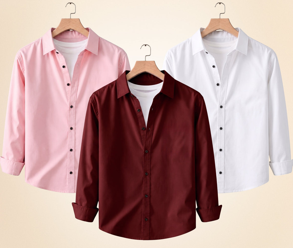 Blind Bear Men's Solid Full Sleeve Casual Shirts – Burgundy, Peach Pink and White (Pack of 3)