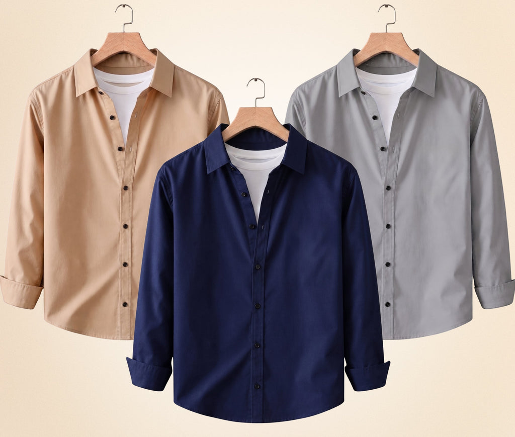 Blind Bear Men's Solid Full Sleeve Casual Shirts – Sand Beige, Grey and Navy Blue (Pack of 3)