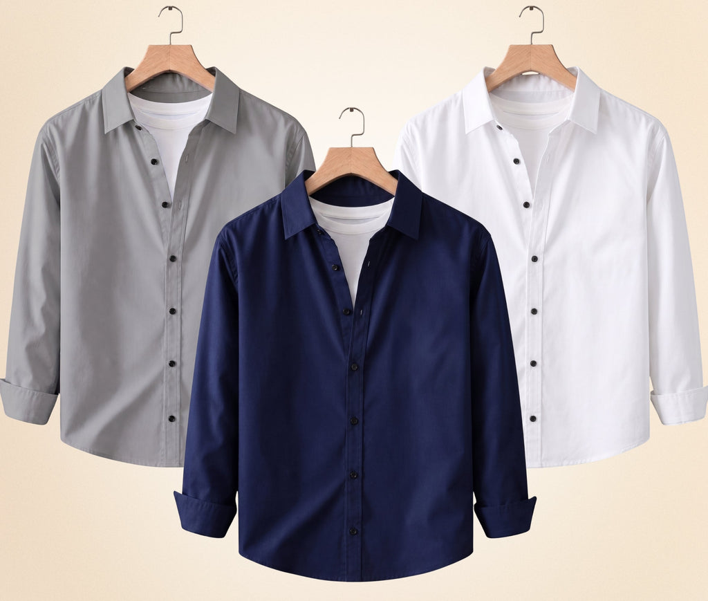 Blind Bear Men's Solid Full Sleeve Casual Shirts – Grey, Navy Blue and White (Pack of 3)