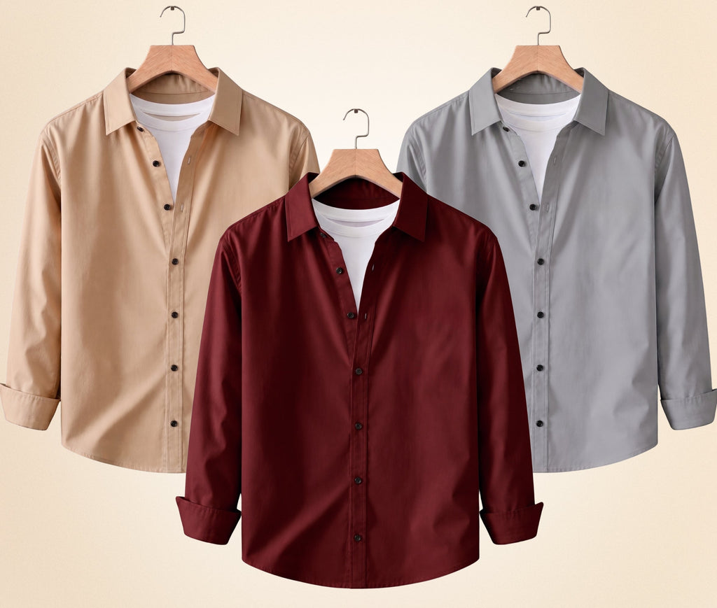 Blind Bear Men's Solid Full Sleeve Casual Shirts – Sand Beige, Grey and Burgundy (Pack of 3)