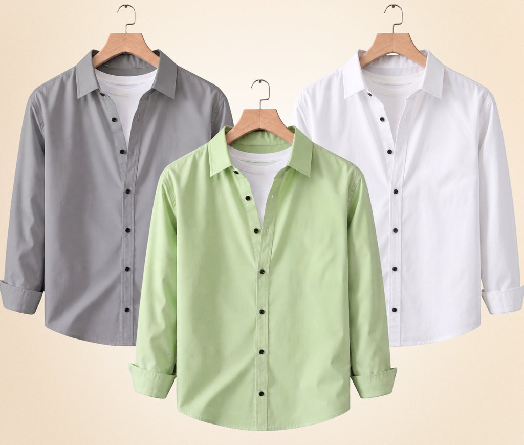 Blind Bear Men's Solid Full Sleeve Casual Shirts – Grey, Pista and White (Pack of 3)