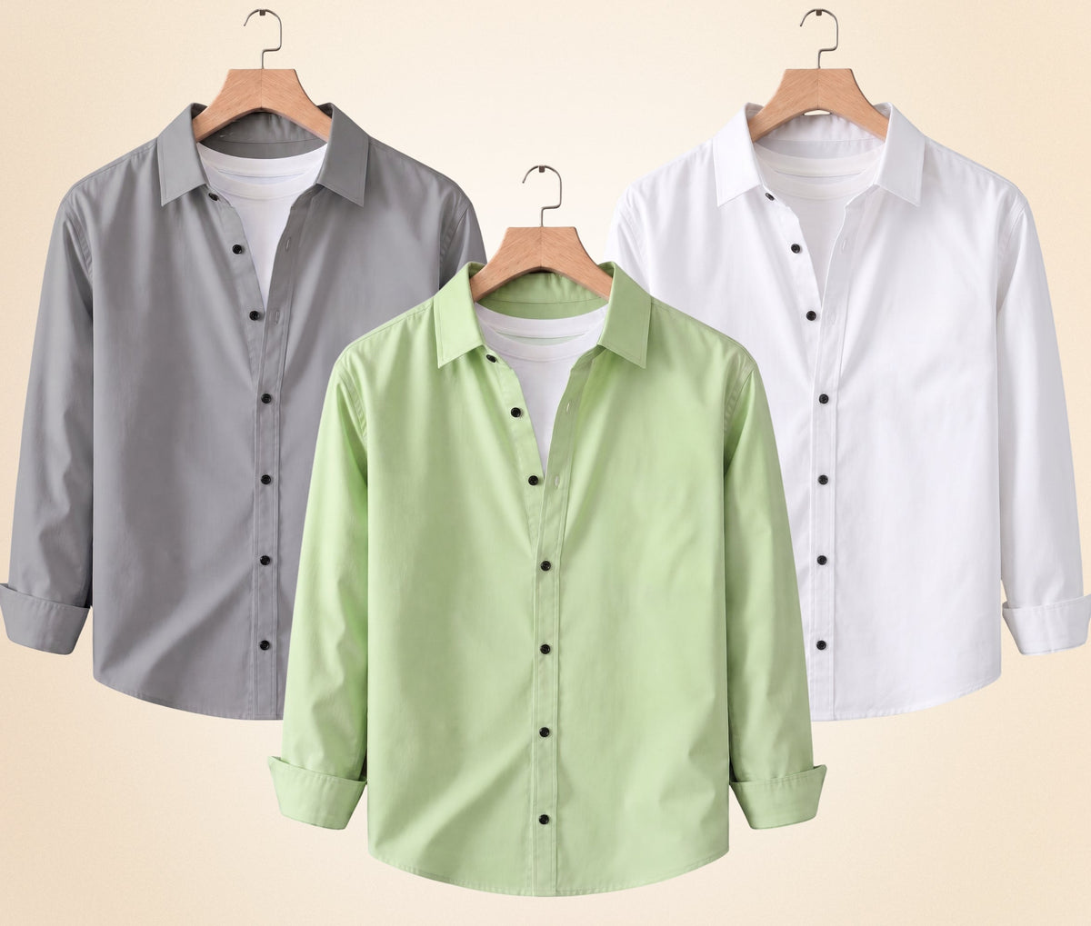 Blind Bear Men's Solid Full Sleeve Casual Shirts – Grey, Pista and White (Pack of 3)