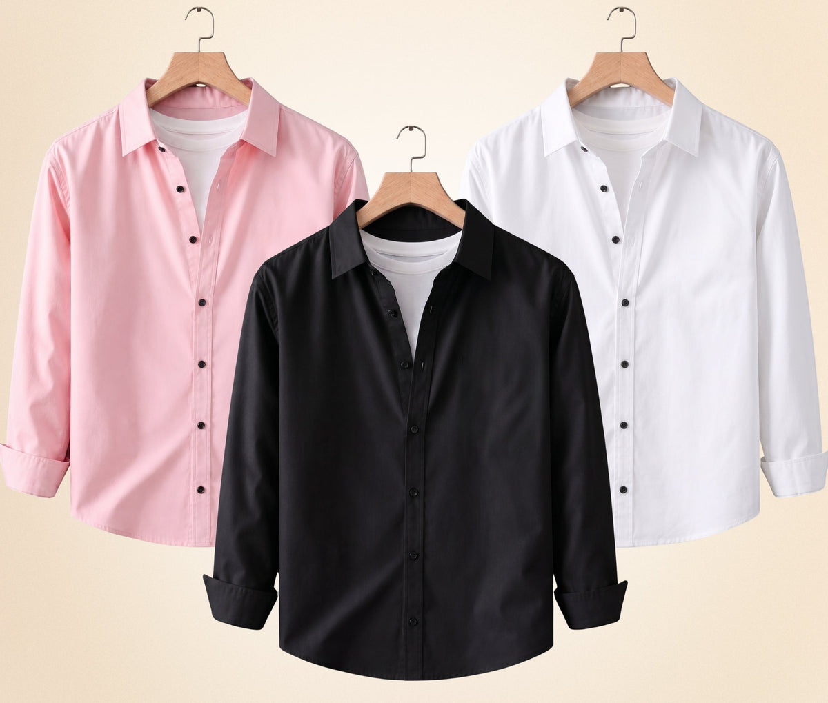 Blind Bear Men's Solid Full Sleeve Casual Shirts – Black, Peach Pink and White (Pack of 3)