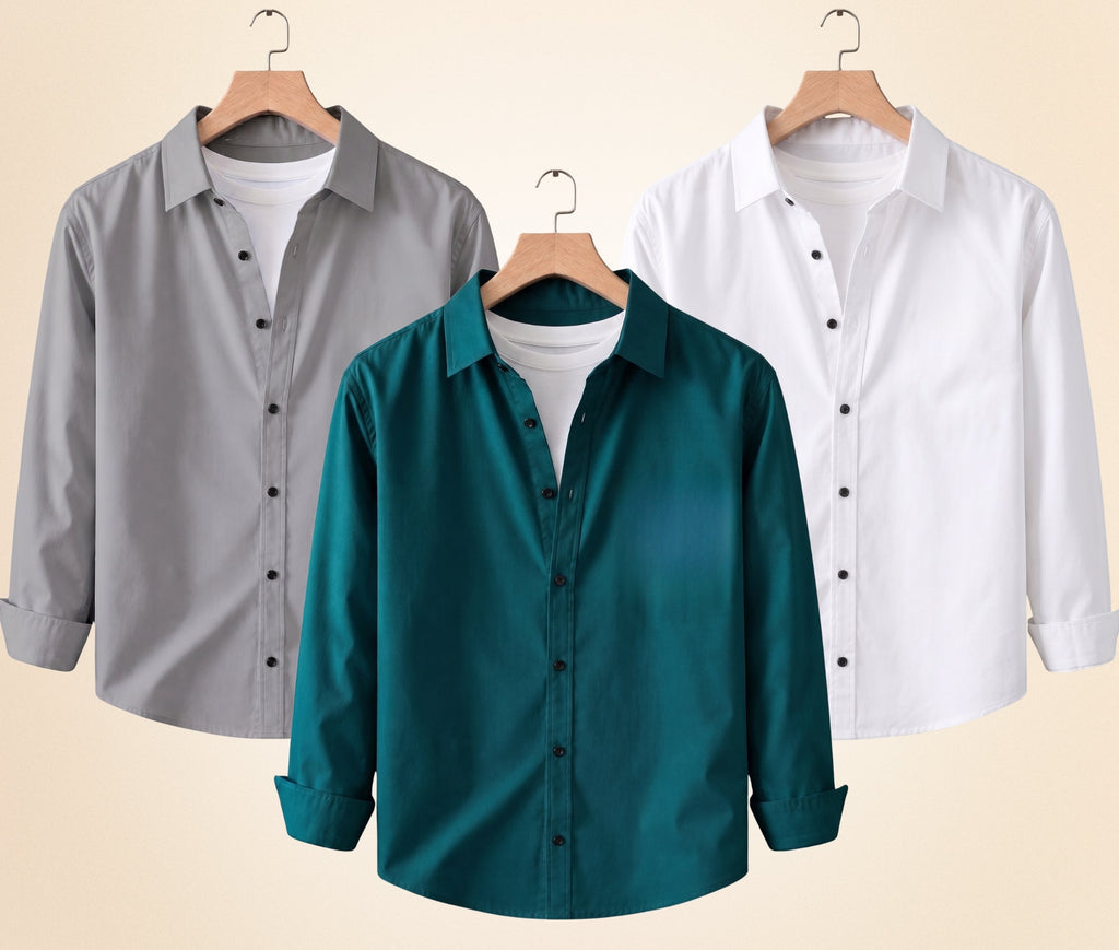 Blind Bear Men's Solid Full Sleeve Casual Shirts – Grey, Teal Green and White (Pack of 3)