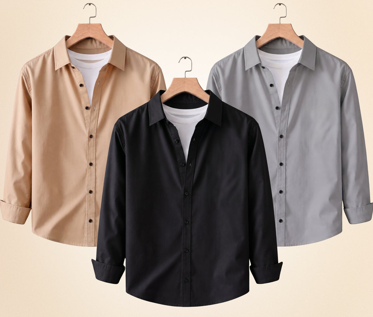 Blind Bear Men's Solid Full Sleeve Casual Shirts – Black, Sand Beige and Grey (Pack of 3)
