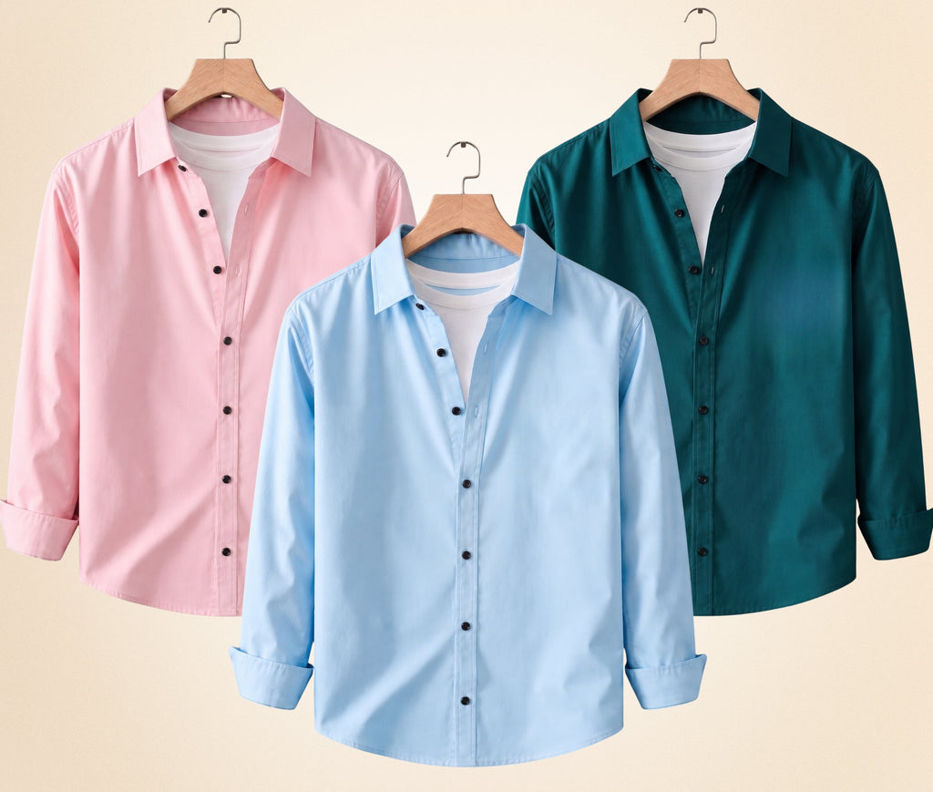 Blind Bear Men's Solid Full Sleeve Casual Shirts – Peach Pink, Sky Blue and Teal Green (Pack of 3)