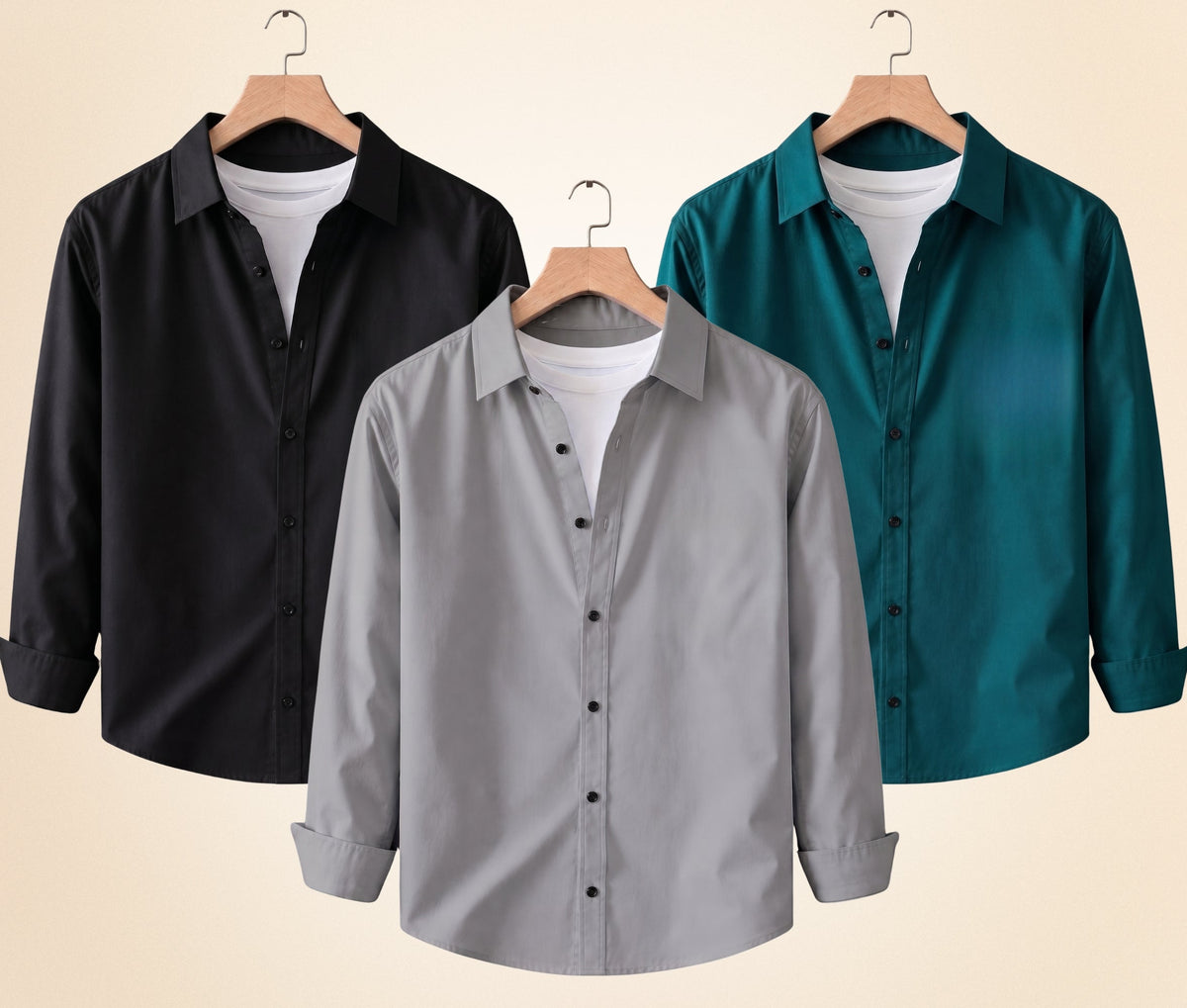 Blind Bear Men's Solid Full Sleeve Casual Shirts – Black, Grey and Teal Green (Pack of 3)