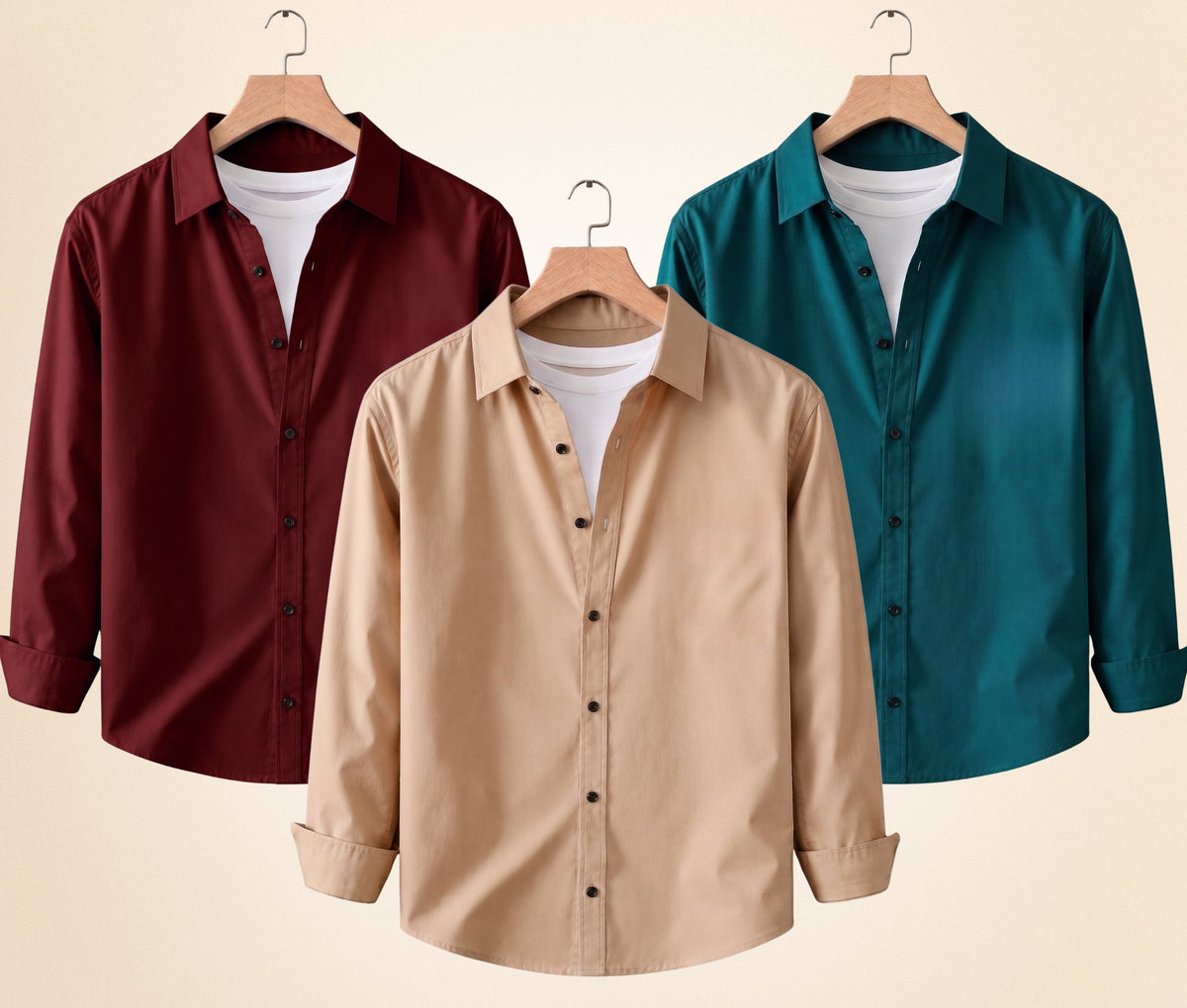 Blind Bear Men's Solid Full Sleeve Casual Shirts – Sand Beige, Burgundy and Teal Green (Pack of 3)