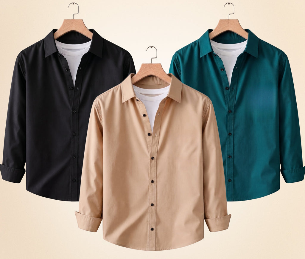Blind Bear Men's Solid Full Sleeve Casual Shirts – Black, Sand Beige and Teal Green (Pack of 3)