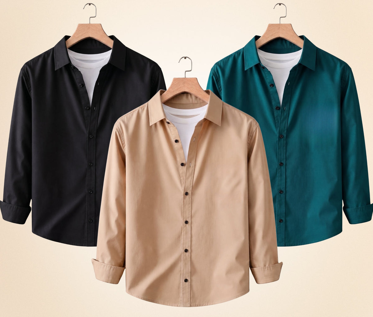 Blind Bear Men's Solid Full Sleeve Casual Shirts – Black, Sand Beige and Teal Green (Pack of 3)