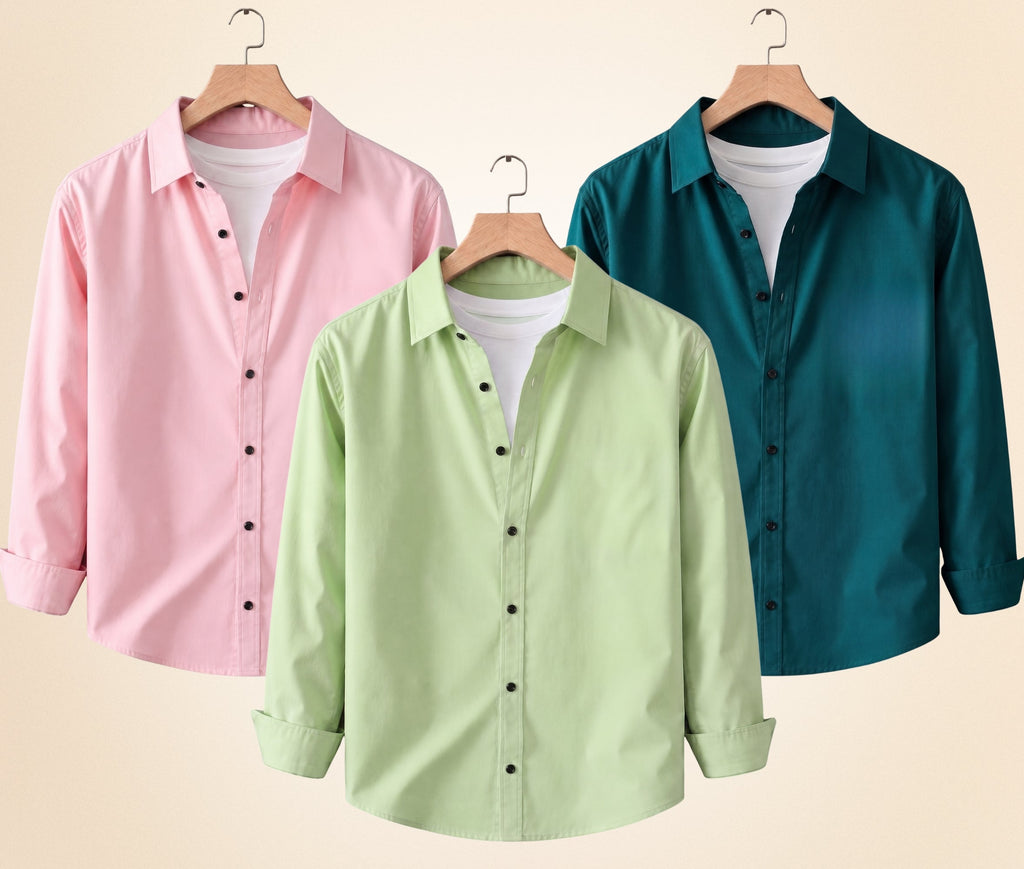 Blind Bear Men's Solid Full Sleeve Casual Shirts – Peach Pink, Pista and Teal Green (Pack of 3)