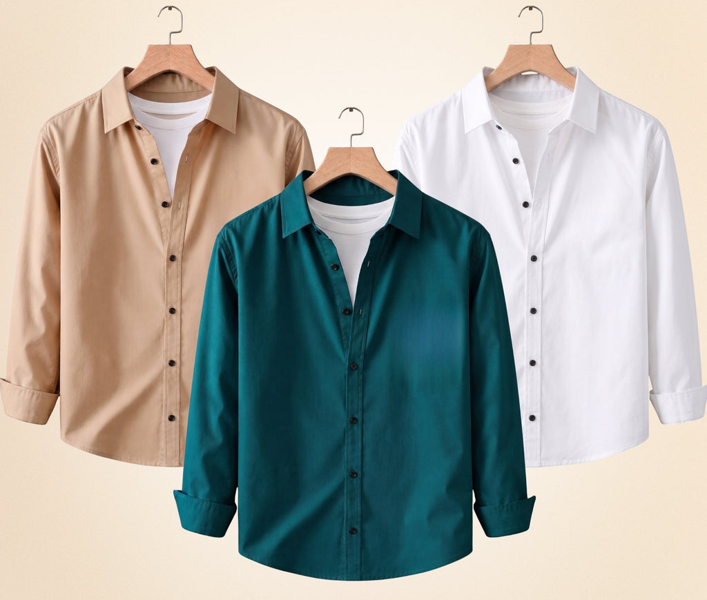 Blind Bear Men's Solid Full Sleeve Casual Shirts – Sand Beige, Teal Green and White (Pack of 3)
