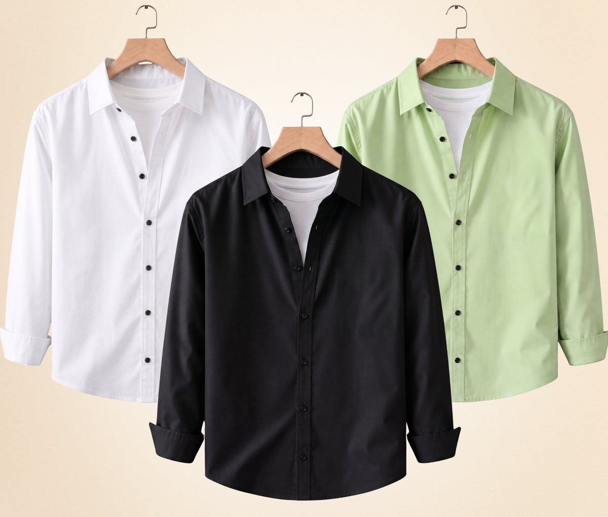 Blind Bear Men's Solid Full Sleeve Casual Shirts – Black, Pista and White (Pack of 3)