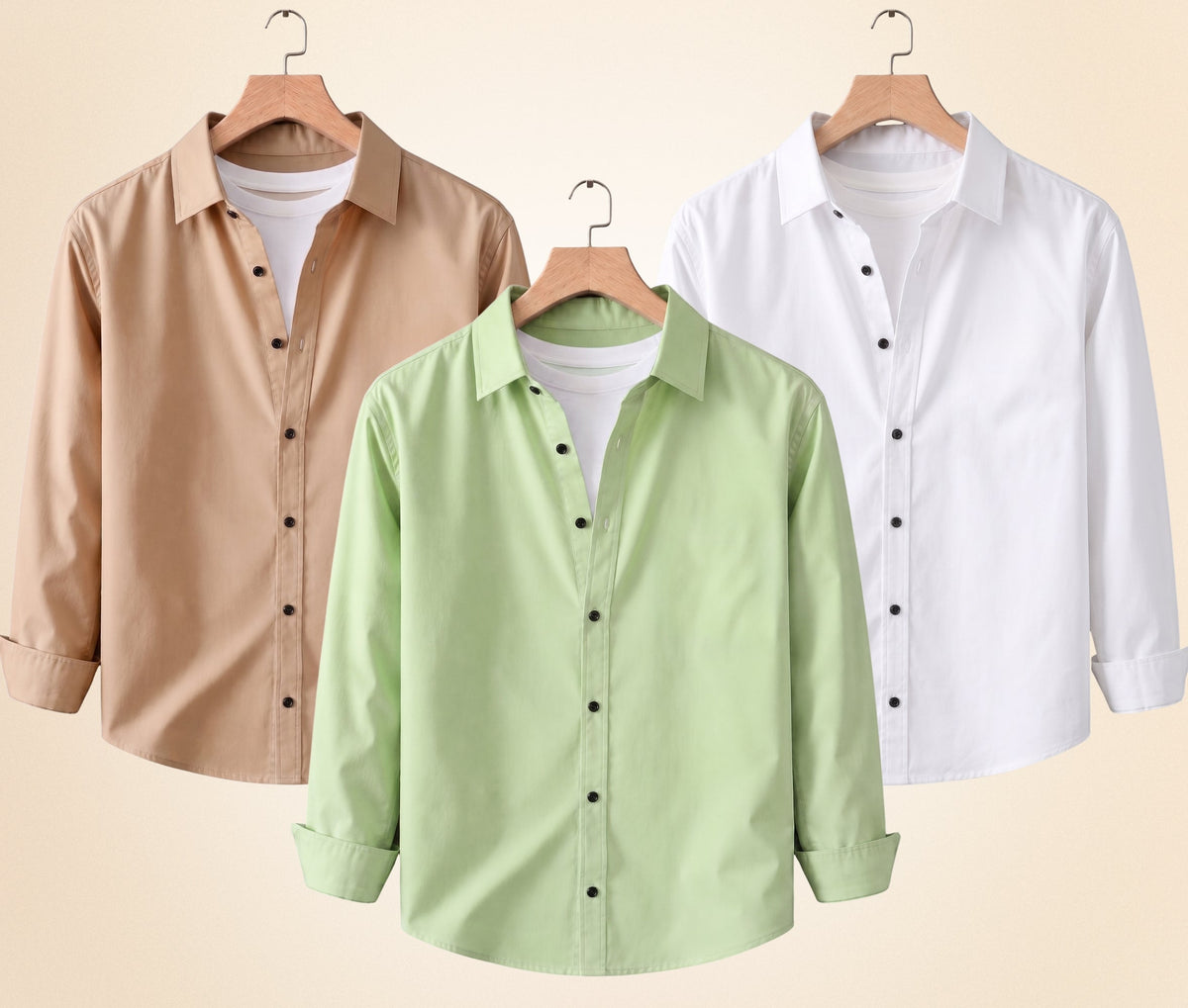 Blind Bear Men's Solid Full Sleeve Casual Shirts – Sand Beige, Pista and White (Pack of 3)